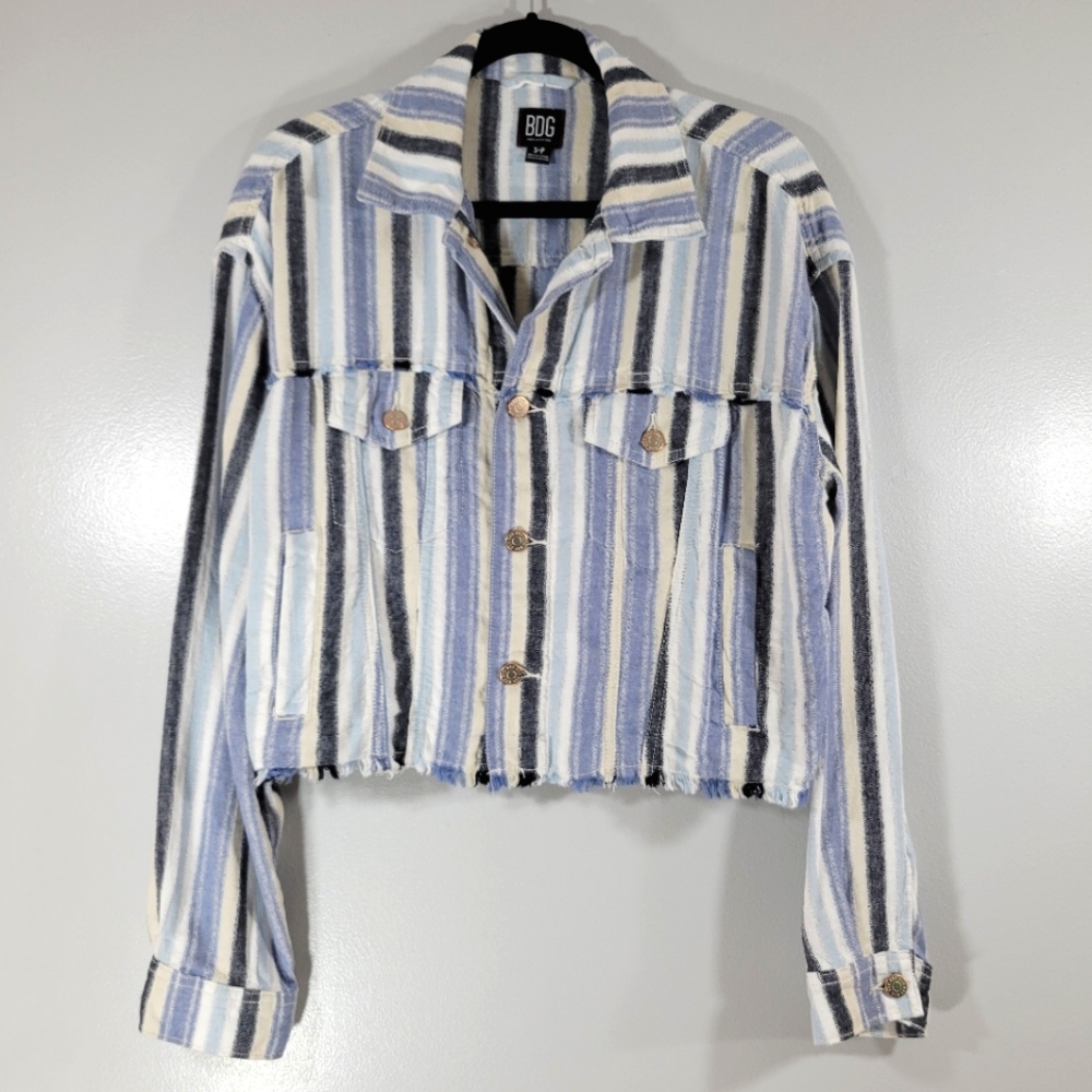 BDG vertical striped linen blend frayed edge button front short jacket